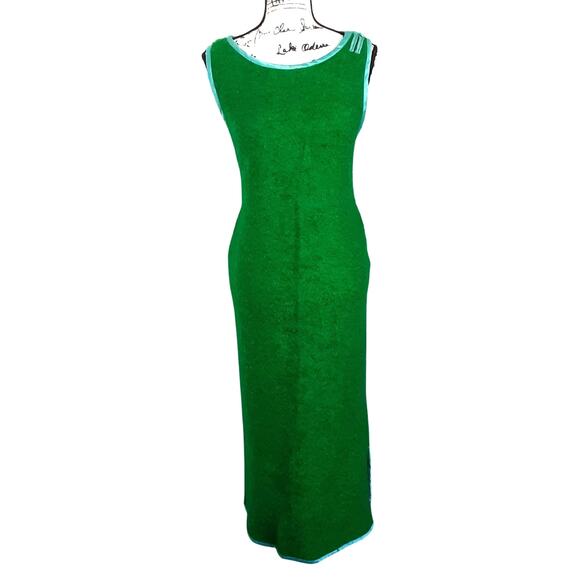 Vintage 1960s Mohair Shift Dress Kelly Green Sleeveless Maxi Length Side Slit